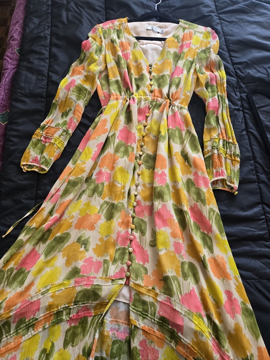Coach Dresses & Skirts - COACH-Floral Watercolor Long Sleeve Midi Dress in Pink, Yellow & Green